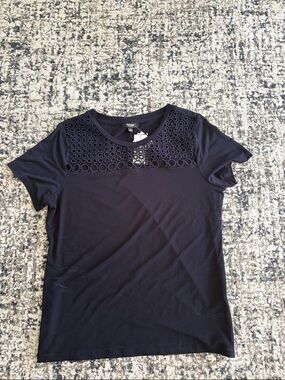 Premise Navy Short Sleeve Top with Eyelet Detail